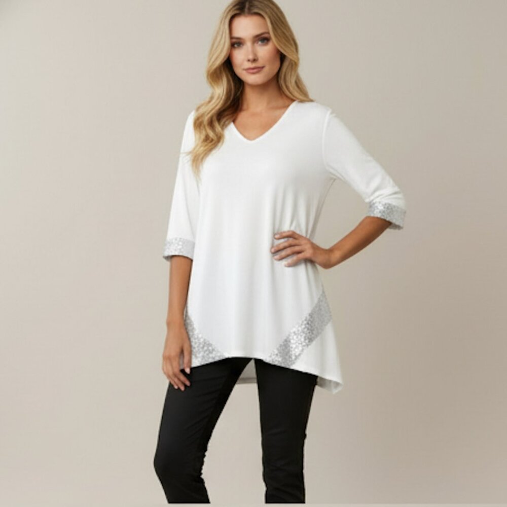 White Sequin Asymmetrical Long Hem Tee